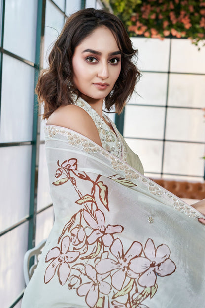 Designer Wear Chinon Crepe Drape Saree Set