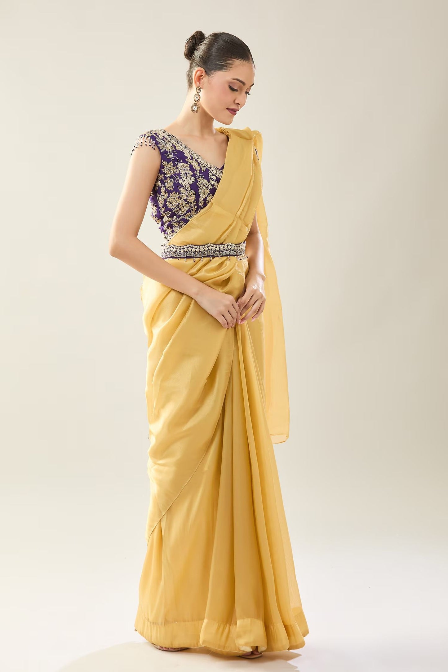 Designer Wear  Yellow  Tissue  Drape Saree