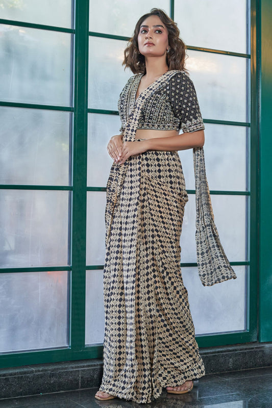 Cream & Black Crepe Drape Saree with Zardosi Blouse