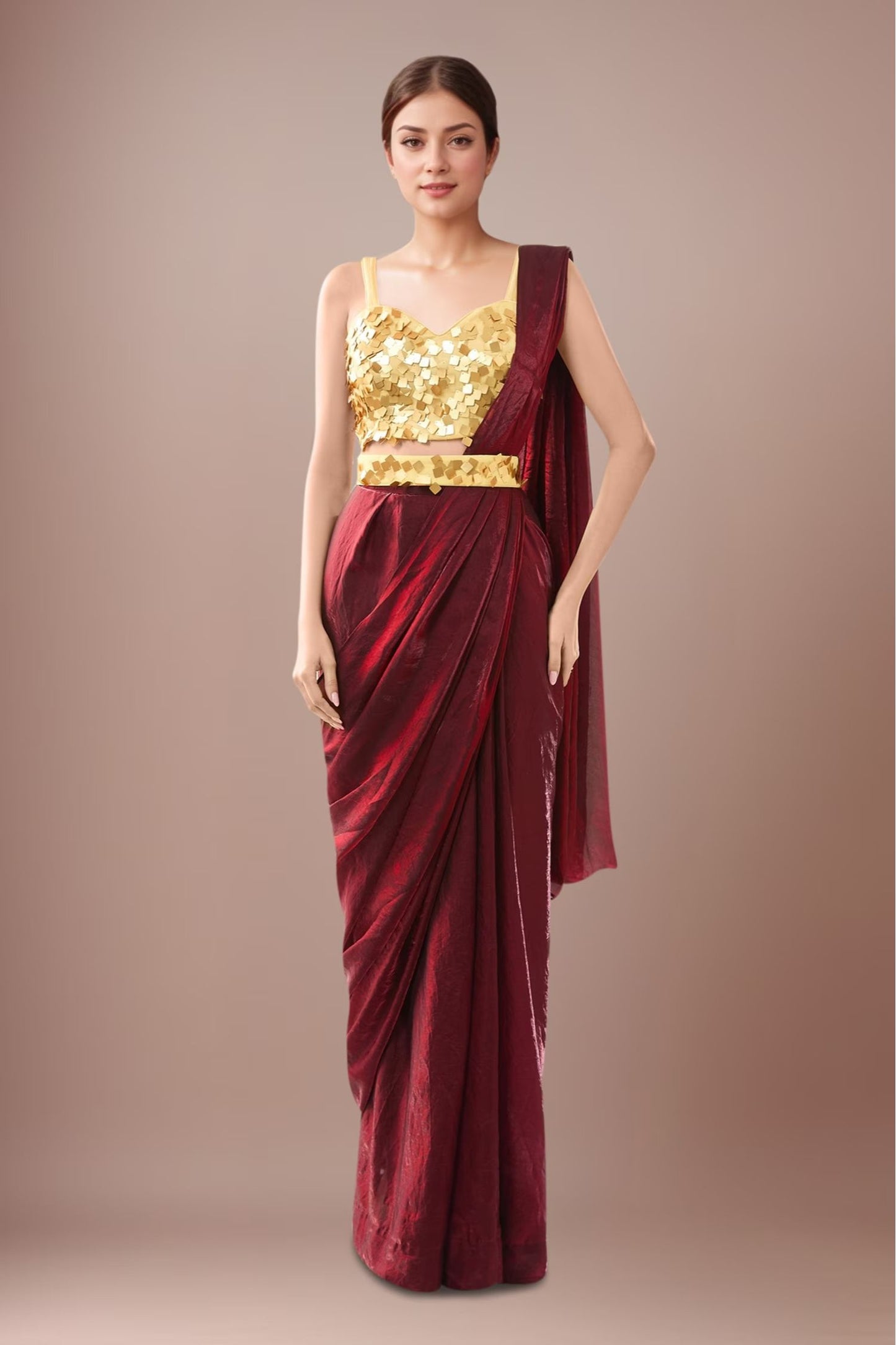 Designer Wear Maroon Pre-Draped Saree Set