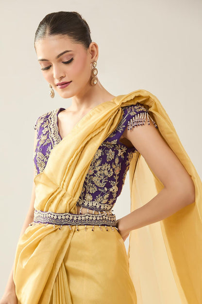 Designer Wear  Yellow  Tissue  Drape Saree