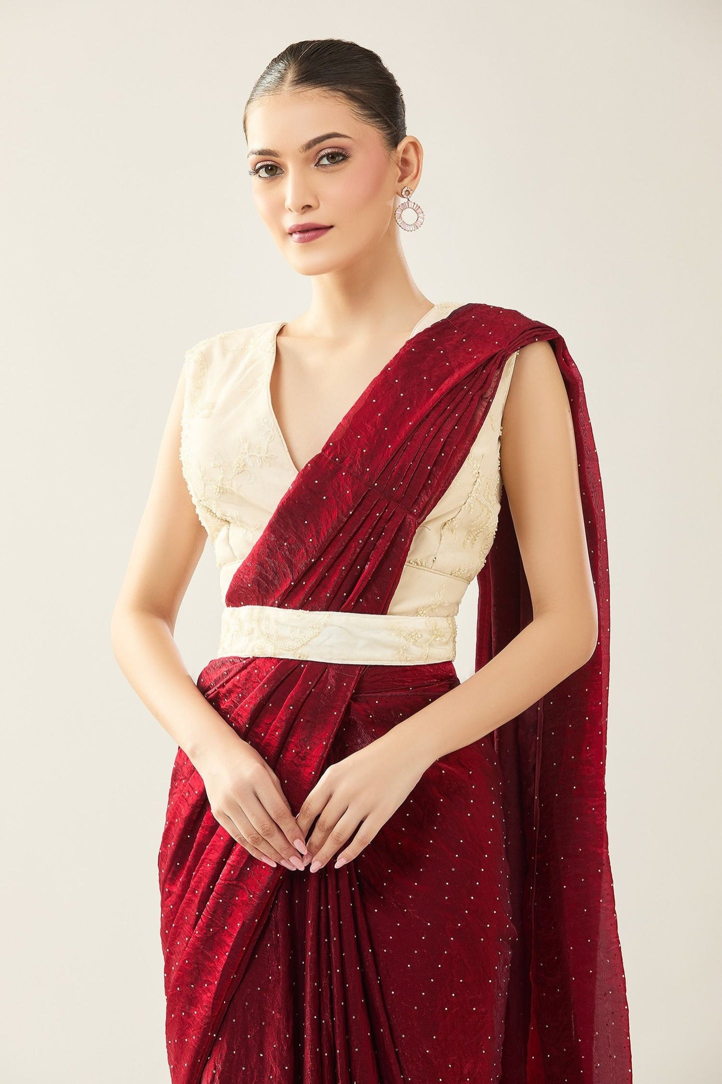 Designer Wear Maroon Pre-draped Saree Set