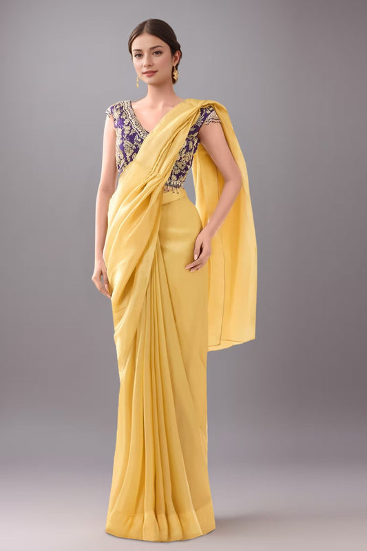 Designer Wear  Yellow  Tissue  Drape Saree