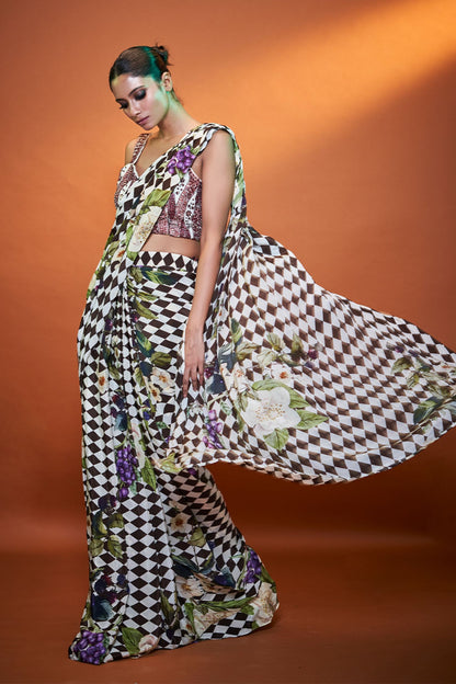 Designer Wear Bold Print Multicolor Crepe  Drape Saree