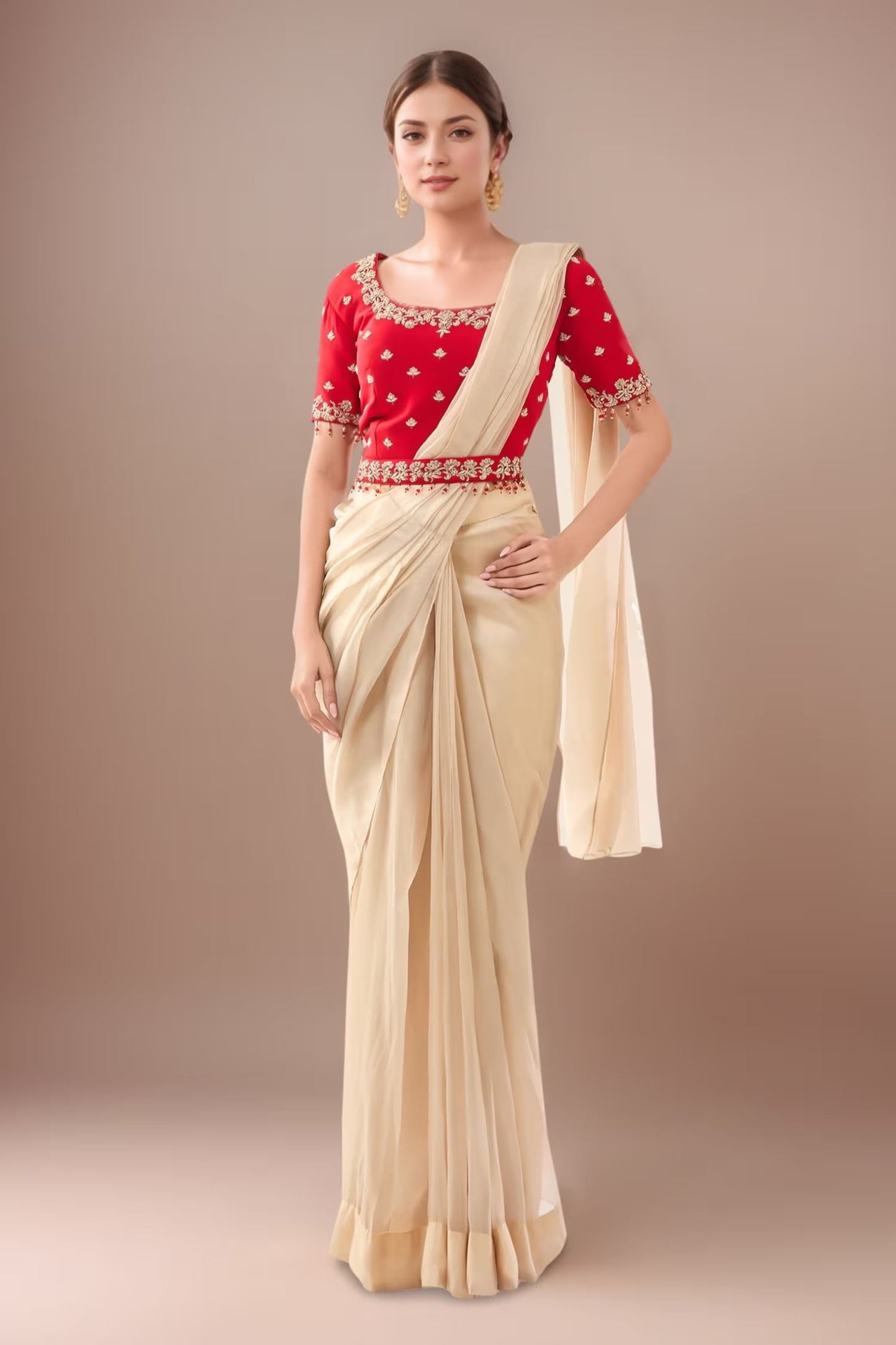 Designer Wear  Beige  Tissue  Drape Saree