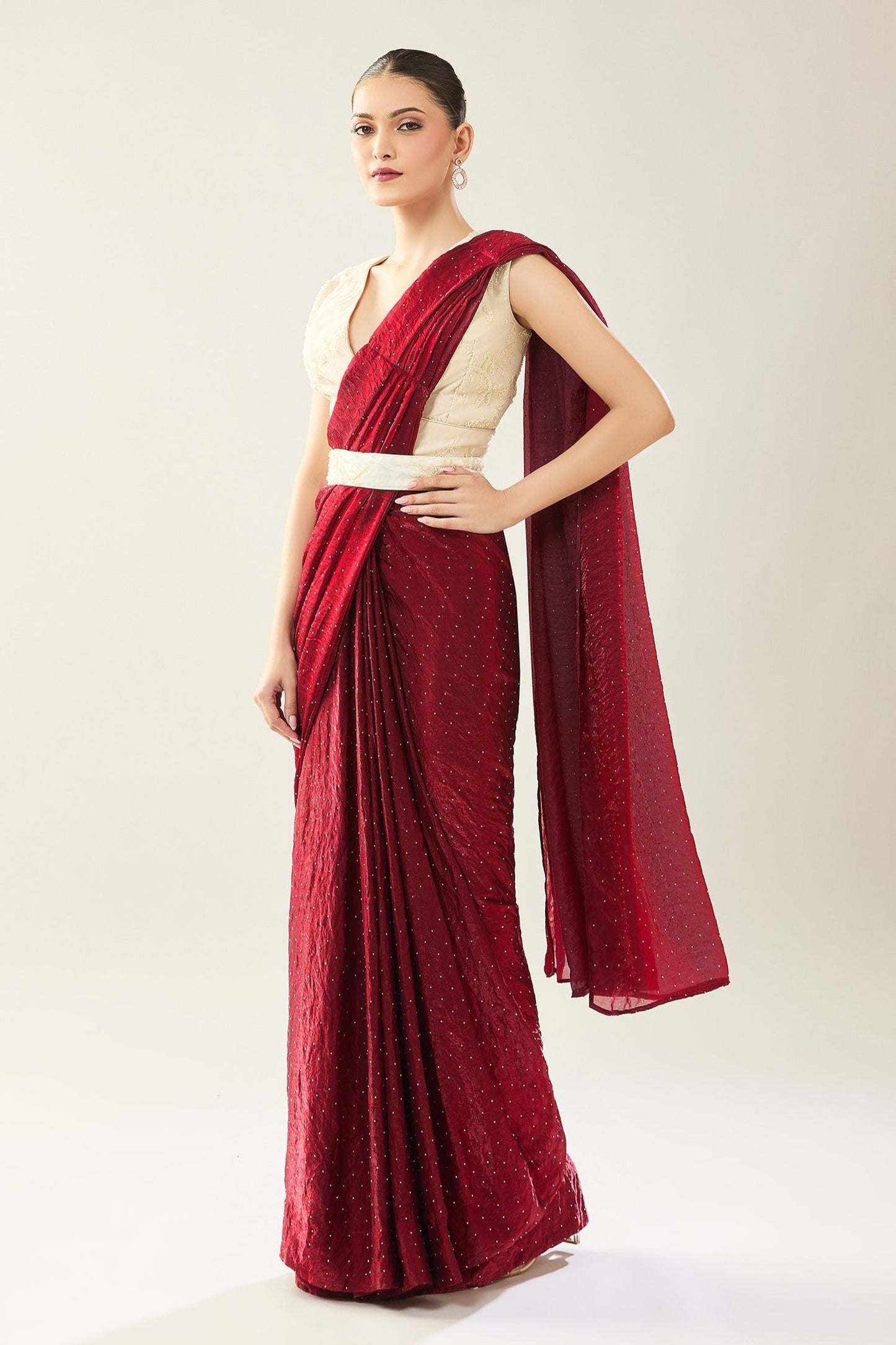 Designer Wear Maroon Pre-draped Saree Set