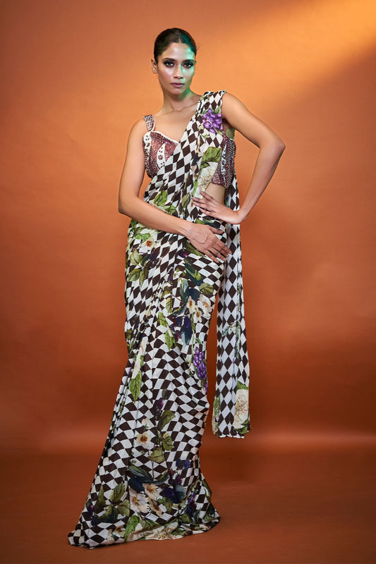 Designer Wear Bold Print Multicolor Crepe  Drape Saree