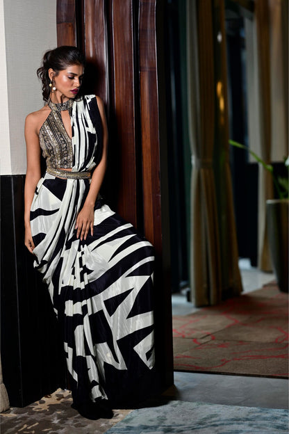 Designer Wear Black & White Pre-draped Saree Set