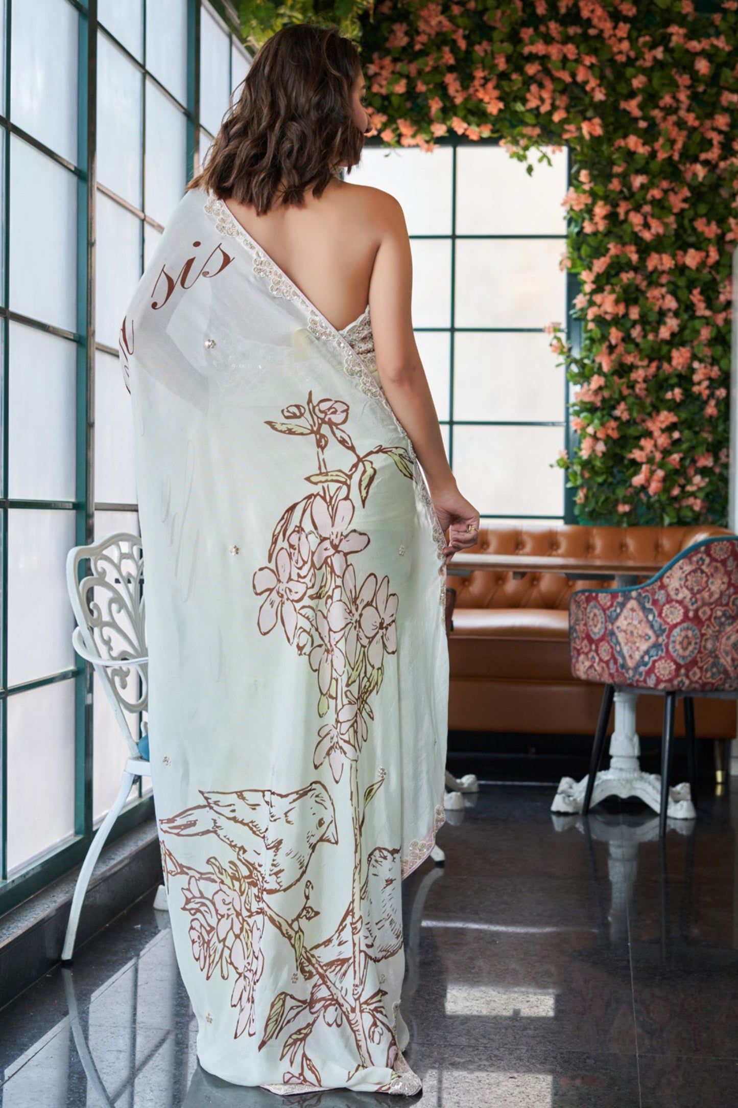 Designer Wear Chinon Crepe Drape Saree Set