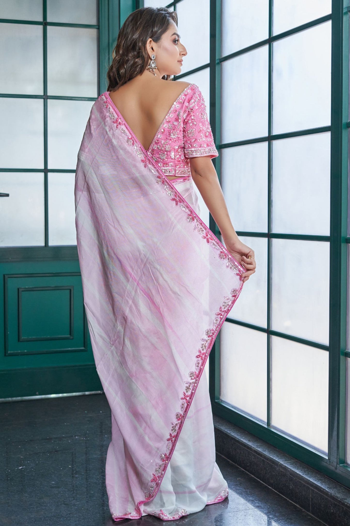 Designer Wear Pink Chinon Crepe Drape Saree Set
