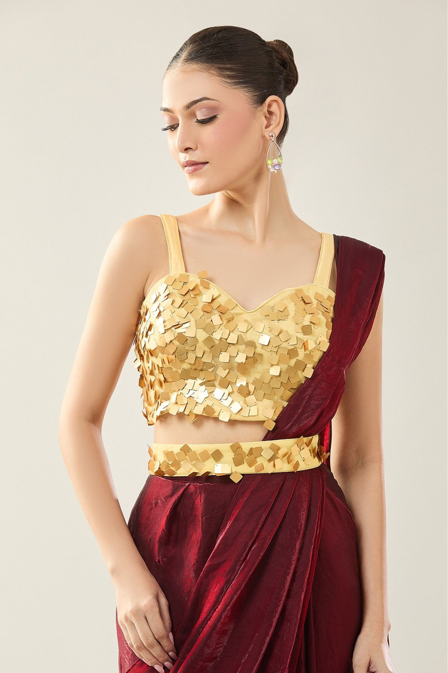 Designer Wear Maroon Pre-Draped Saree Set