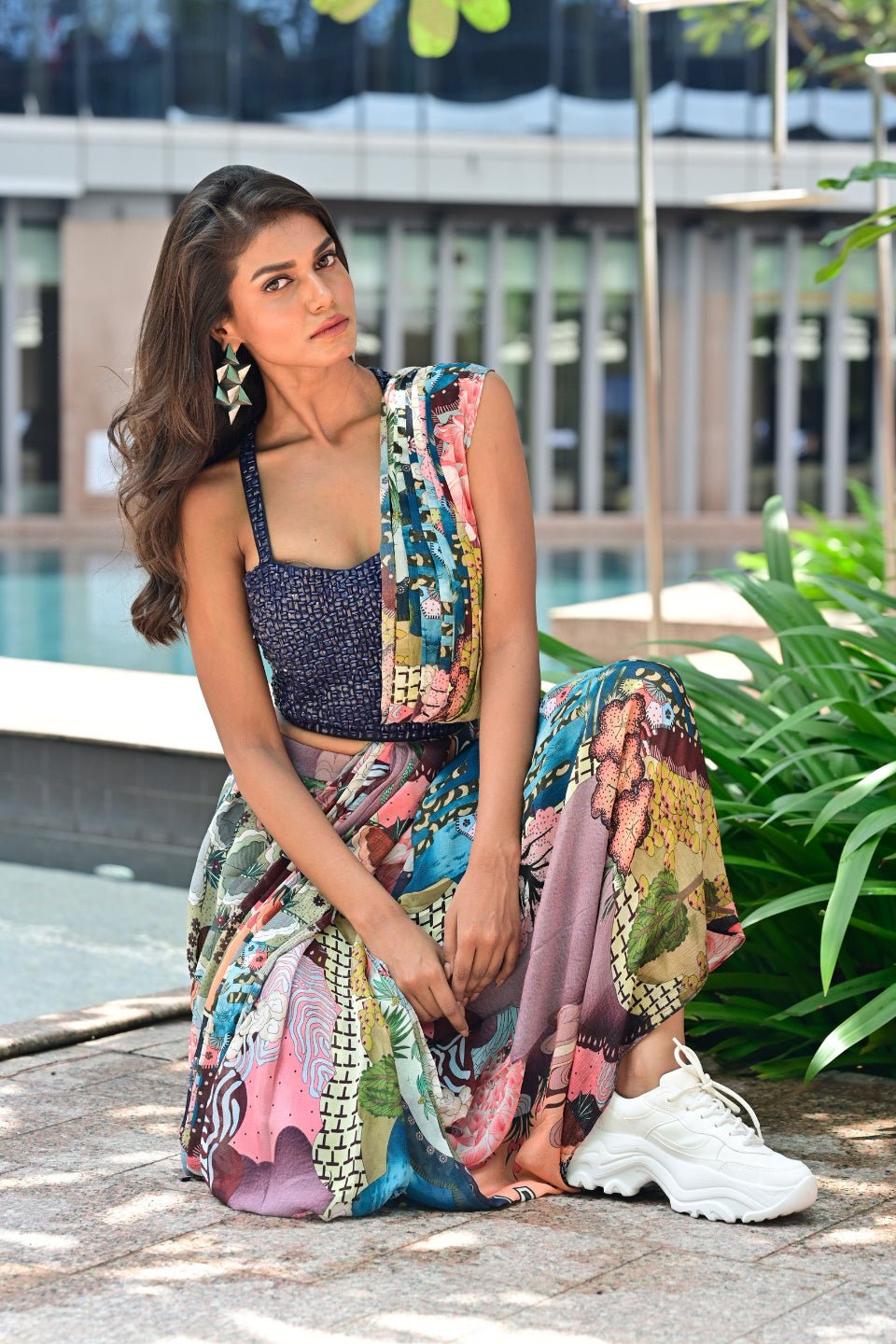 Blue Multi Colour Drape Saree In Chinon Fabric - Simaaya