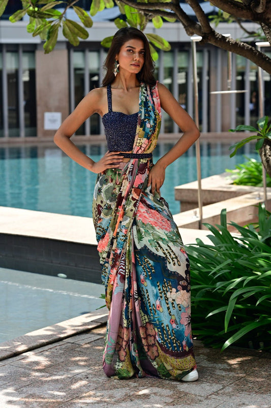 Blue Multi Colour Drape Saree In Chinon Fabric - Simaaya