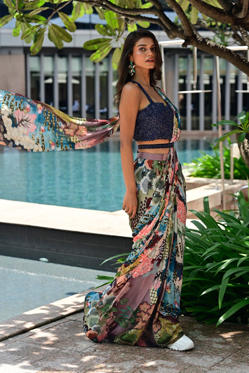 Blue Multi Colour Drape Saree In Chinon Fabric - Simaaya