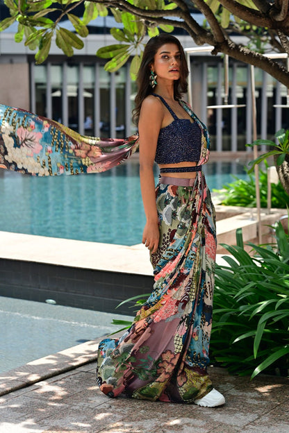 Blue Multi Colour Drape Saree In Chinon Fabric - Simaaya