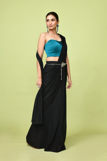 Designer Wear Black Chinon Chiffon Drape Saree - Simaaya