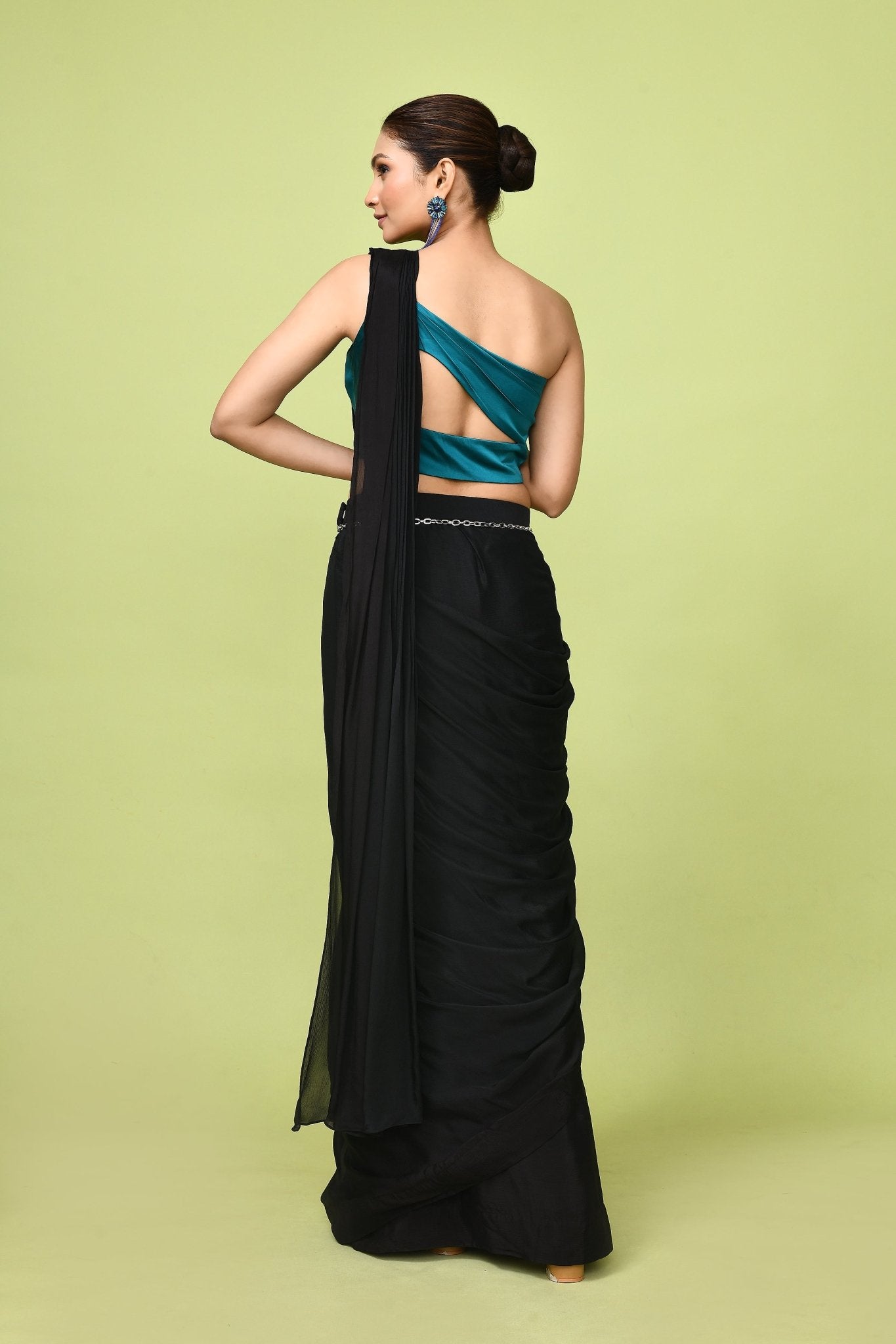 Designer Wear Black Chinon Chiffon Drape Saree - Simaaya