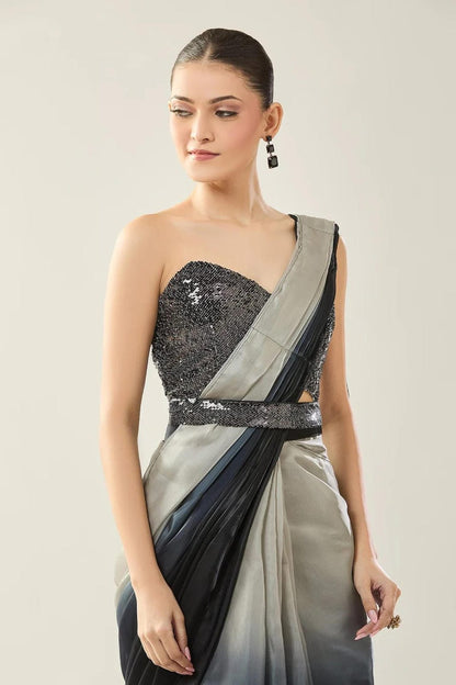 Designer Wear Black, Grey Glass Organza Pre - Draped Saree Set - Simaaya