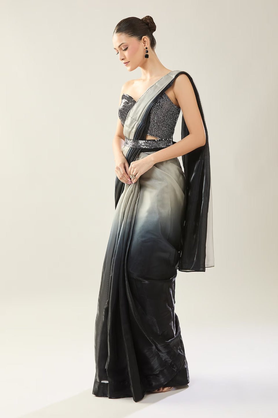 Designer Wear Black, Grey Glass Organza Pre - Draped Saree Set - Simaaya