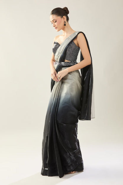 Designer Wear Black, Grey Glass Organza Pre - Draped Saree Set - Simaaya