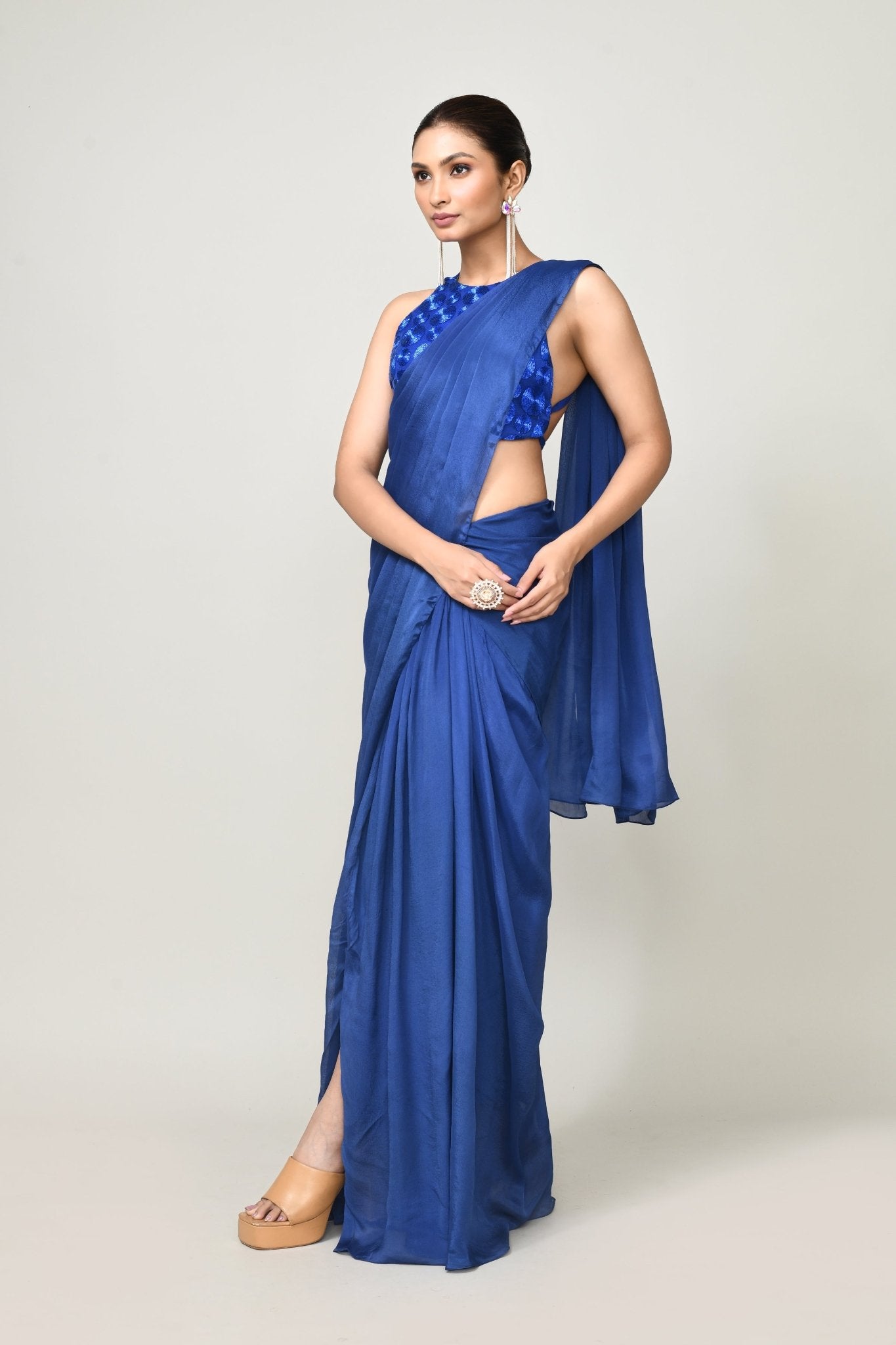 Designer Wear Blue Chinon Chiffon Drape Saree - Simaaya