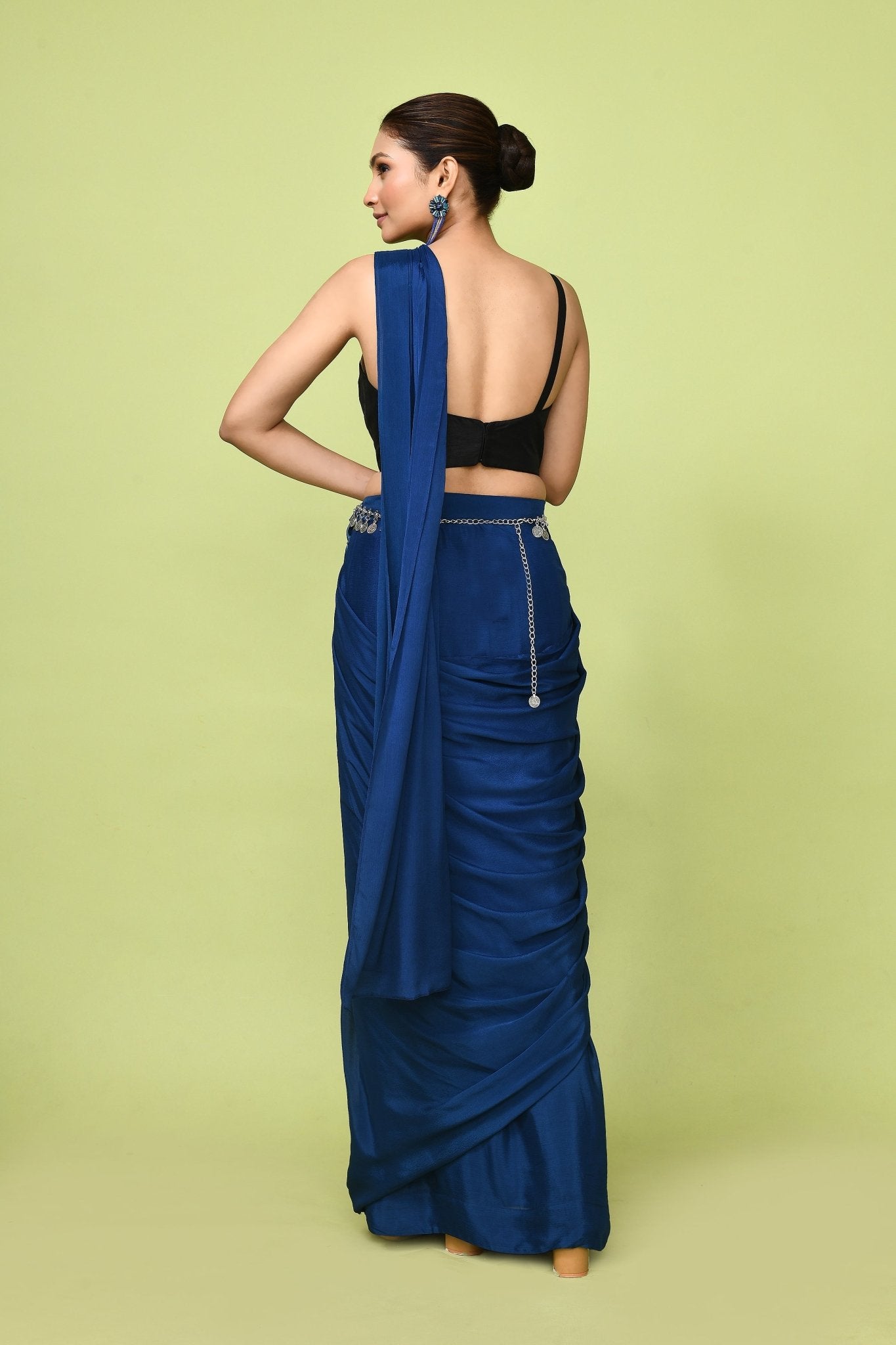 Designer Wear Blue Chinon Chiffon Drape Saree - Simaaya