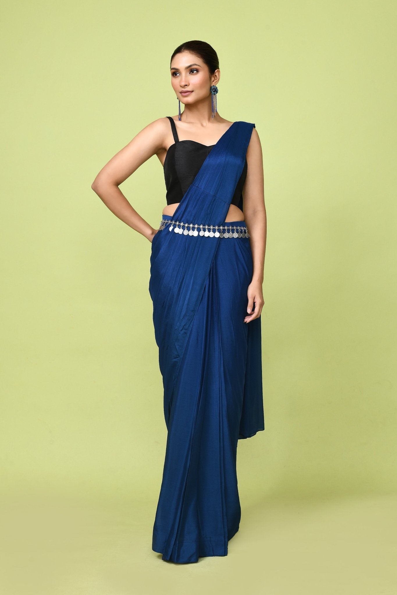 Designer Wear Blue Chinon Chiffon Drape Saree - Simaaya