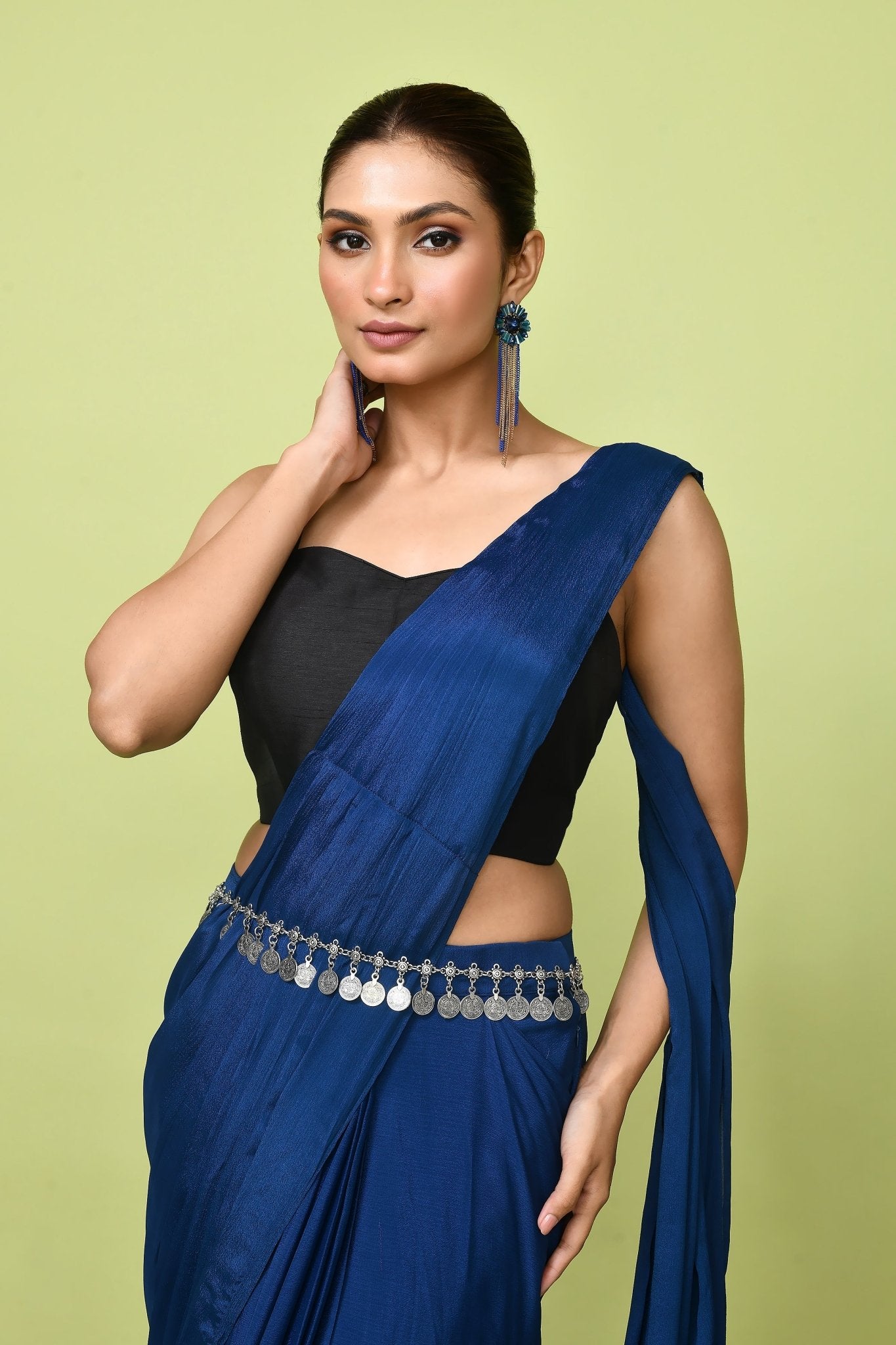 Designer Wear Blue Chinon Chiffon Drape Saree - Simaaya