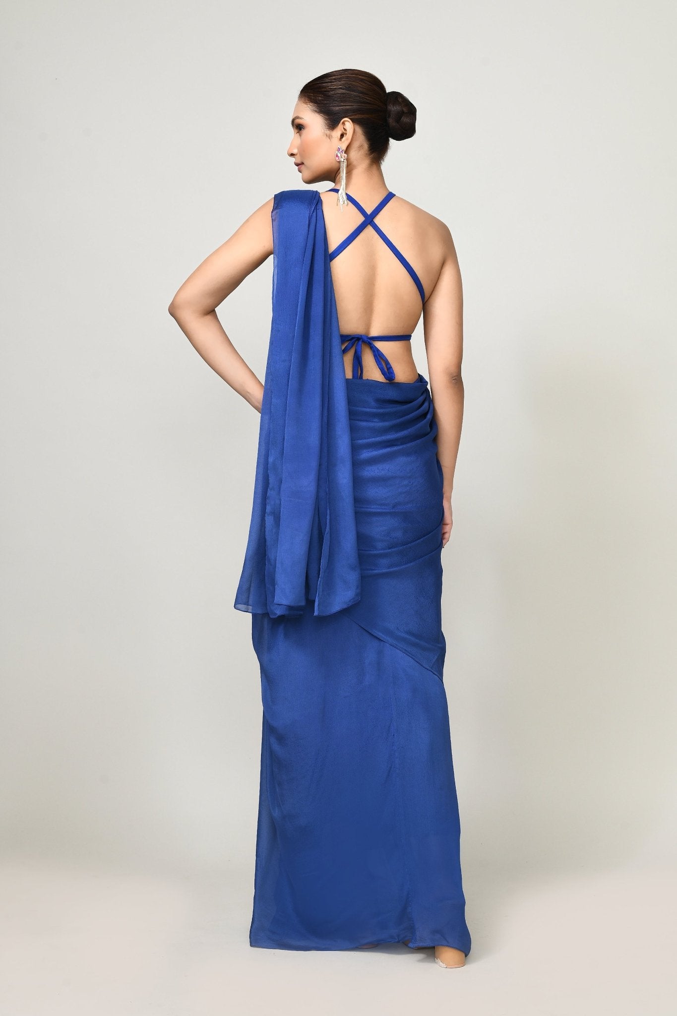 Designer Wear Blue Chinon Chiffon Drape Saree - Simaaya