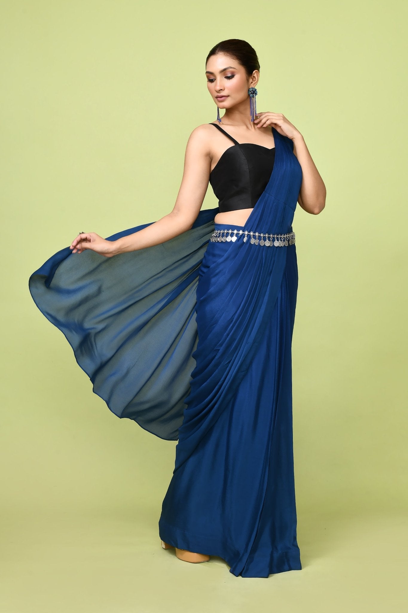 Designer Wear Blue Chinon Chiffon Drape Saree - Simaaya