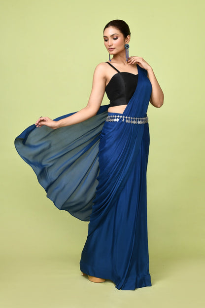 Designer Wear Blue Chinon Chiffon Drape Saree - Simaaya