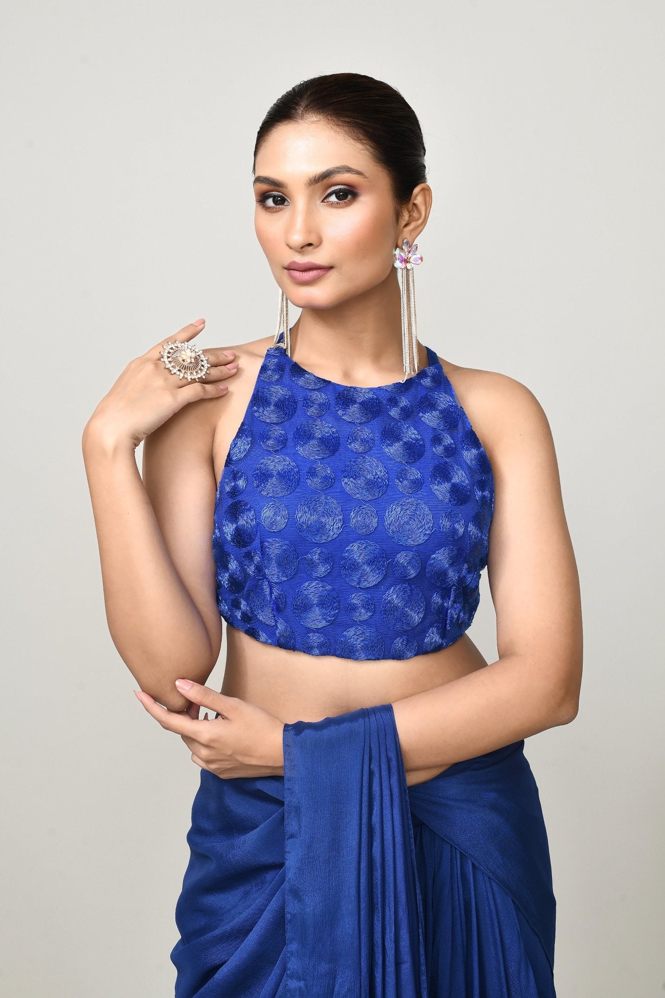 Designer Wear Blue Chinon Chiffon Drape Saree - Simaaya