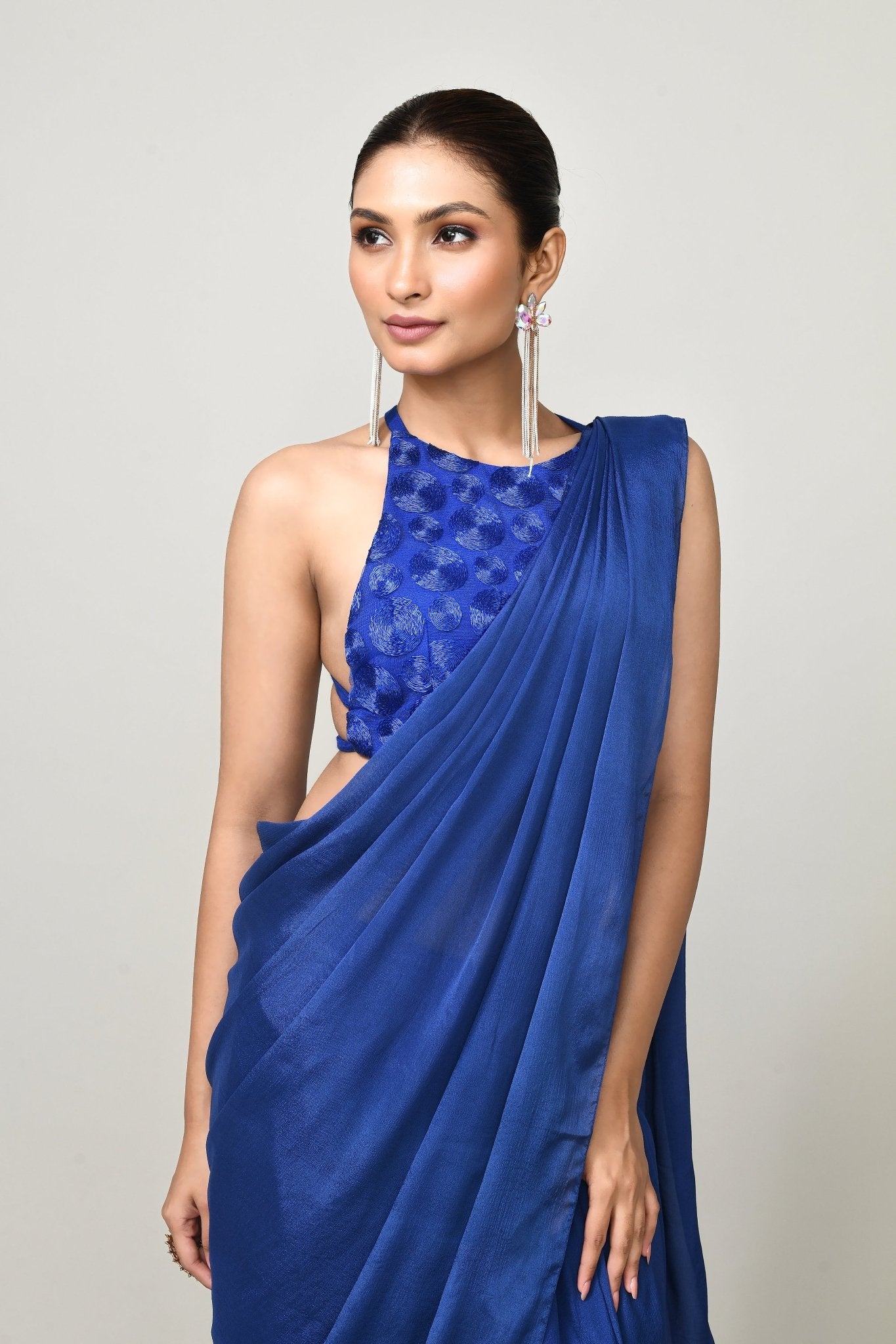 Designer Wear Blue Chinon Chiffon Drape Saree - Simaaya