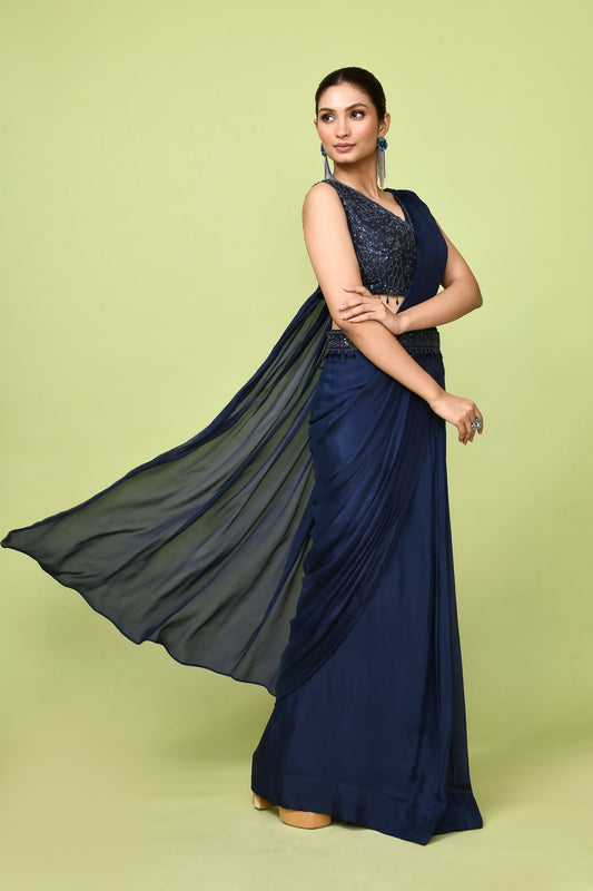 Designer Wear Blue Chinon Chiffon Drape Saree - Simaaya