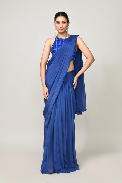 Designer Wear Blue Chinon Chiffon Drape Saree - Simaaya