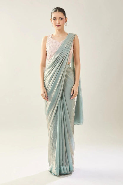 Designer Wear Blue Diamond Silk Drape Saree - Simaaya