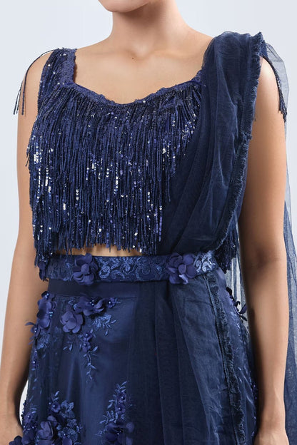 Designer Wear Blue Net Lehenga Set With Dupatta - Simaaya