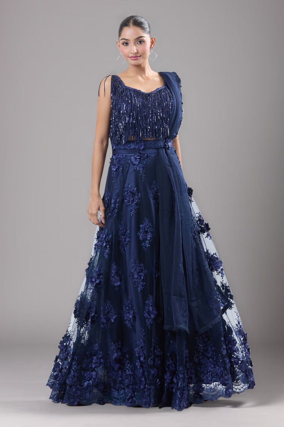 Designer Wear Blue Net Lehenga Set With Dupatta - Simaaya