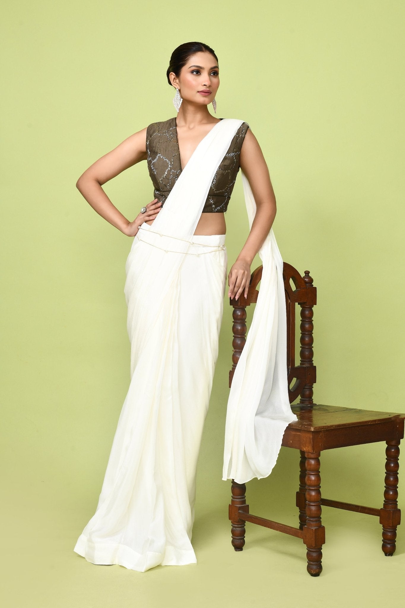 Designer Wear Cream Chinon Chiffon Drape Saree - Simaaya