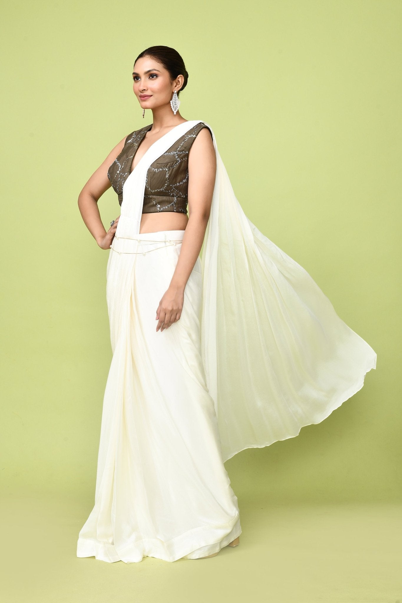 Designer Wear Cream Chinon Chiffon Drape Saree - Simaaya