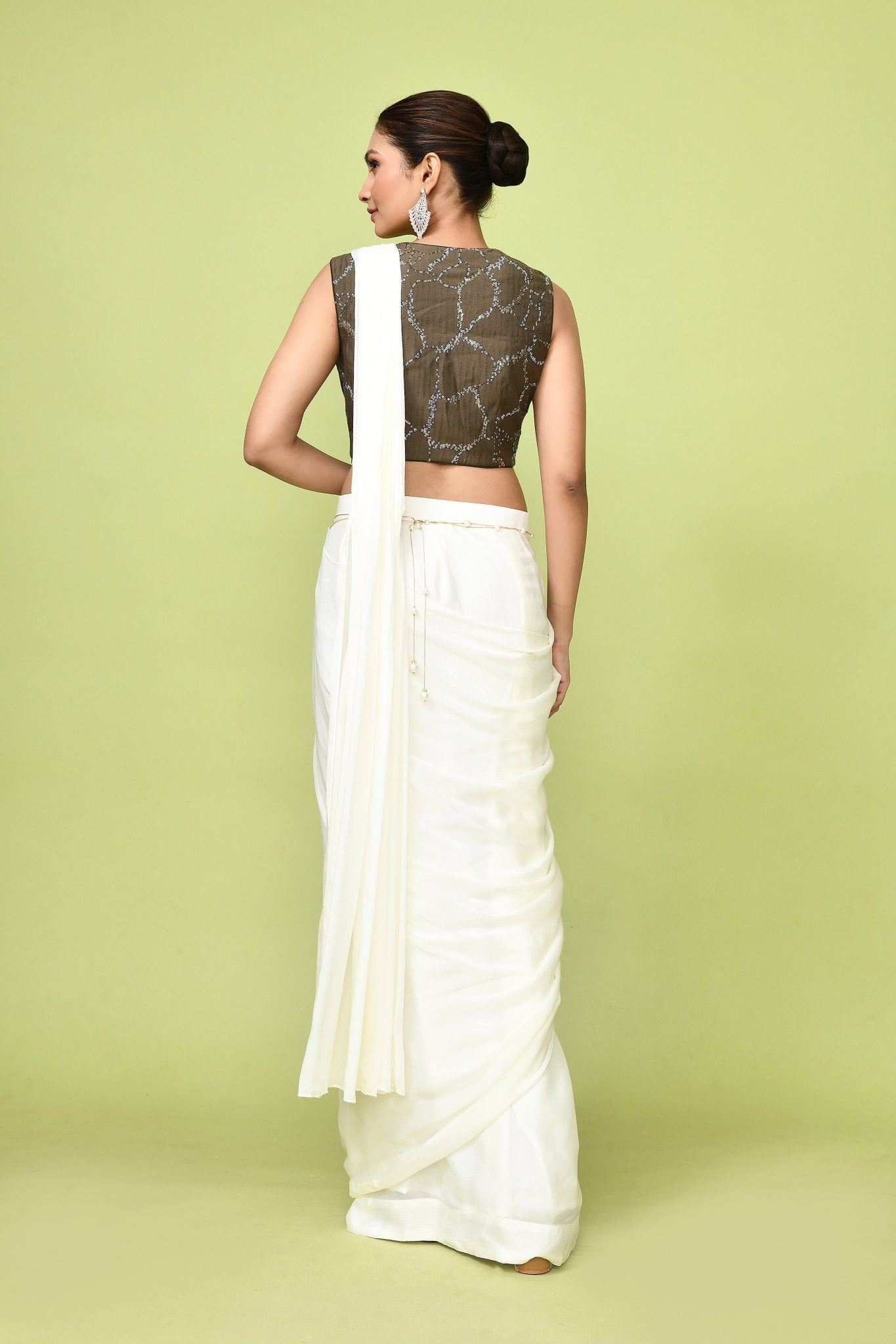 Designer Wear Cream Chinon Chiffon Drape Saree - Simaaya