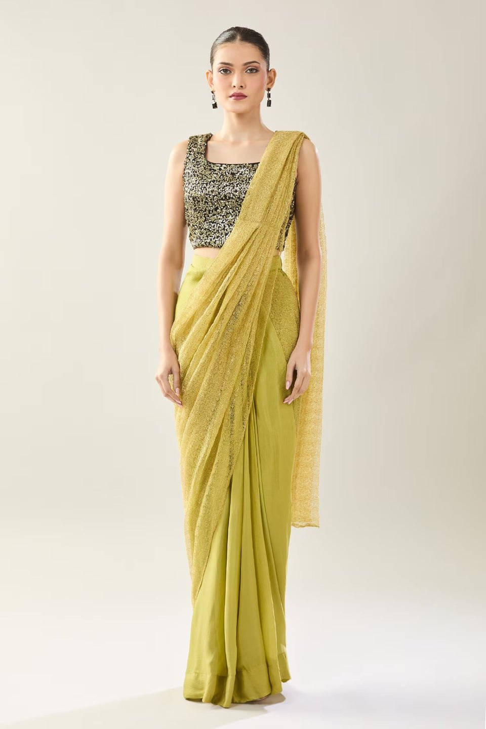 Designer Wear Green Tissue Net Chinon Drape Saree - Simaaya