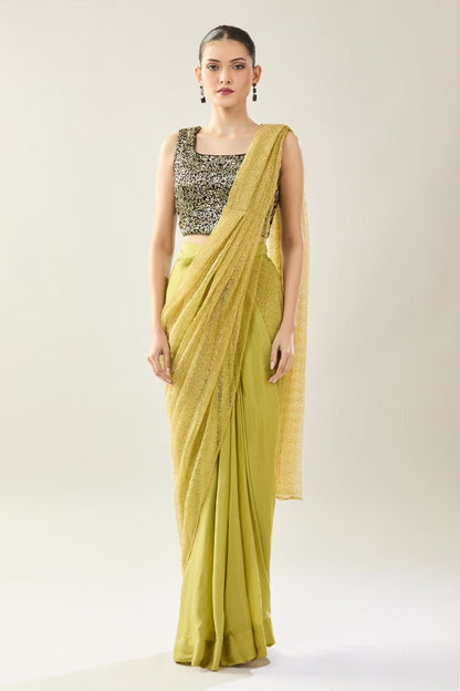 Designer Wear Green Tissue Net Chinon Drape Saree - Simaaya
