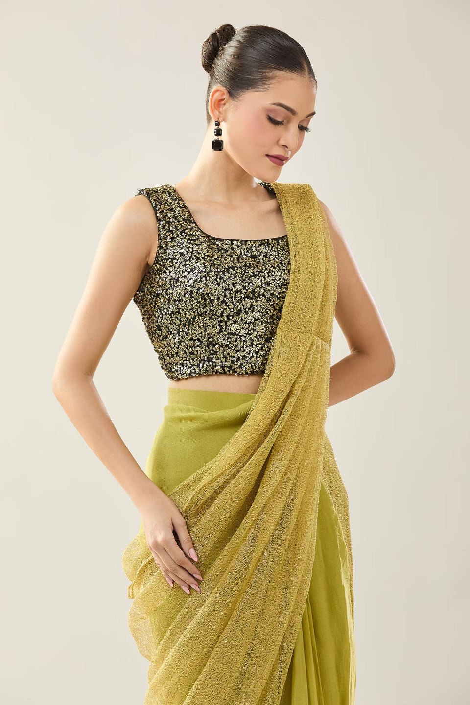 Designer Wear Green Tissue Net Chinon Drape Saree - Simaaya