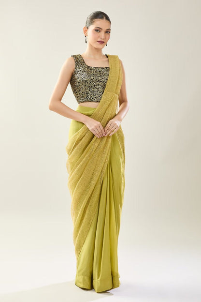 Designer Wear Green Tissue Net Chinon Drape Saree - Simaaya