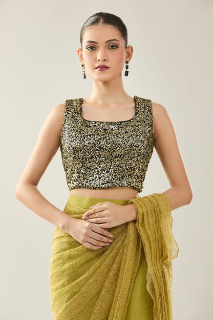 Designer Wear Green Tissue Net Chinon Drape Saree - Simaaya