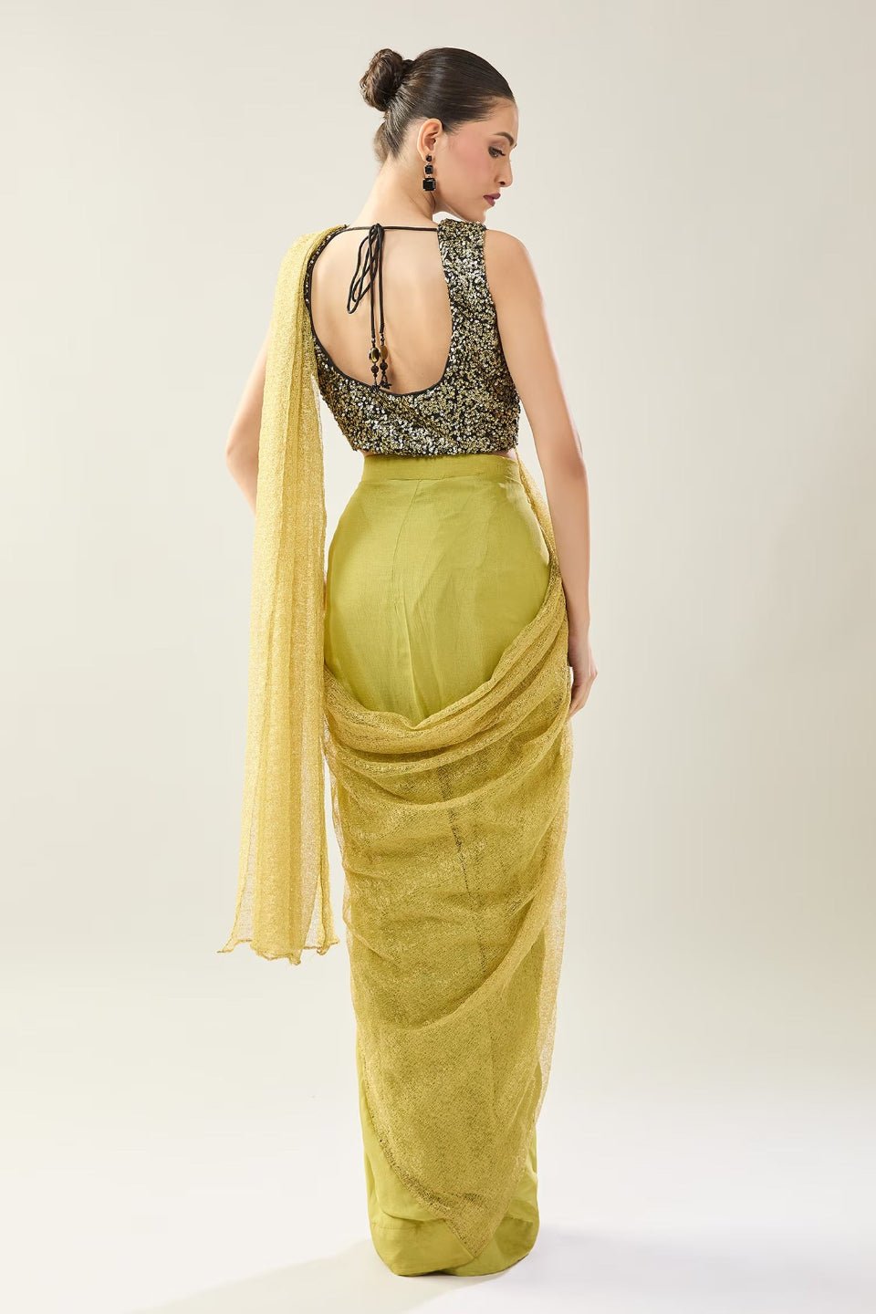 Designer Wear Green Tissue Net Chinon Drape Saree - Simaaya