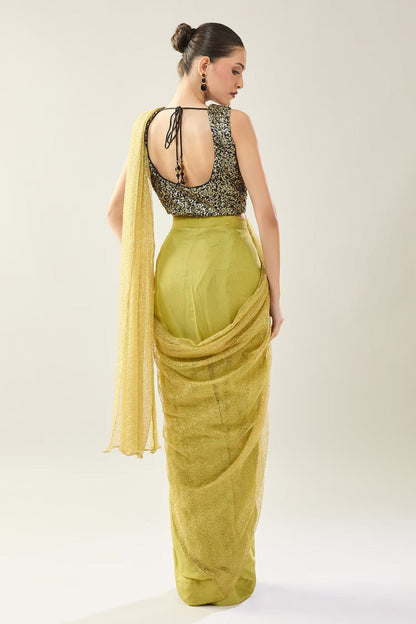Designer Wear Green Tissue Net Chinon Drape Saree - Simaaya