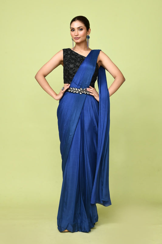 Designer Wear Navy Blue Chinon Chiffon Drape Saree - Simaaya