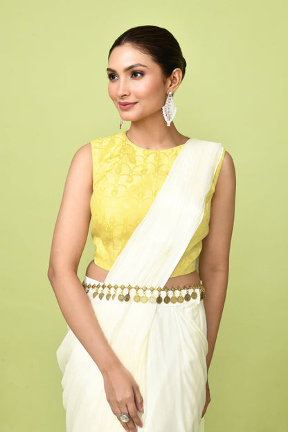 Designer Wear Off White Chinon Chiffon Drape Saree - Simaaya